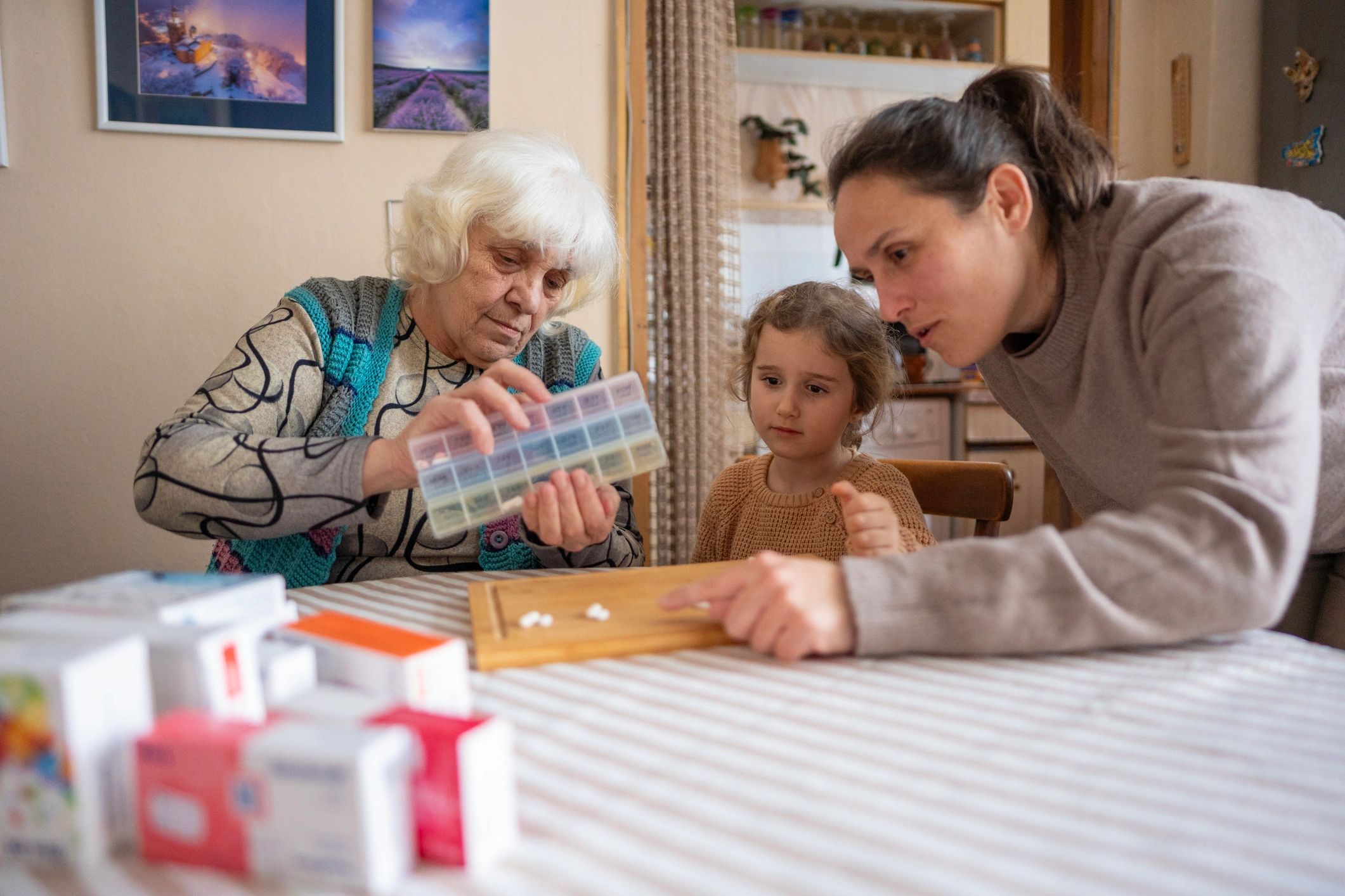 Multigenerational family organizing daily care needs at home